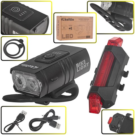 Waterproof bicycle light set USB IPX4 – front light 800lm + rear light 120lm