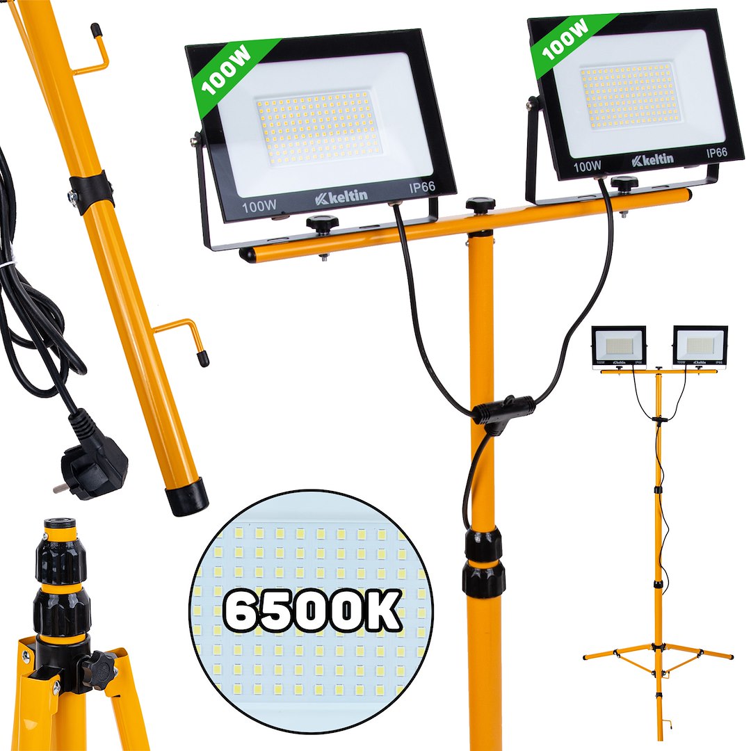 2x100W LED reflektor s teleskopickým konštrukčným stojanom a káblom - studená biela farba 6500K (1)
