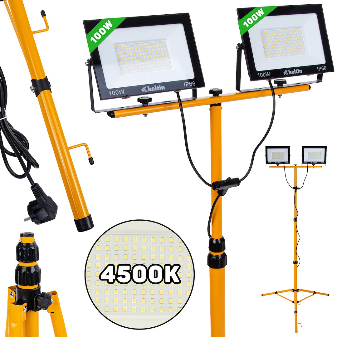 2x100W LED reflektor s teleskopickým konštrukčným stojanom a káblom – neutrálna biela farba 4500K (1)