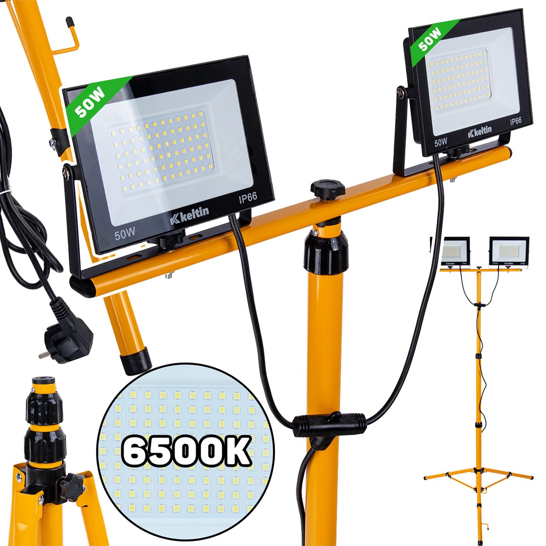 2x50W LED reflektor s teleskopickým konštrukčným stojanom a káblom - studená biela farba 6500K (1)