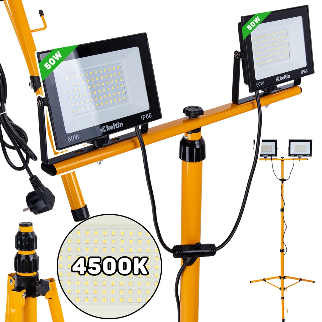 LED floodlight 2x50W with a telescopic construction tripod – neutral white color 4500K