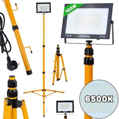 LED floodlight 100W with a telescopic construction tripod – cold white color 6500K