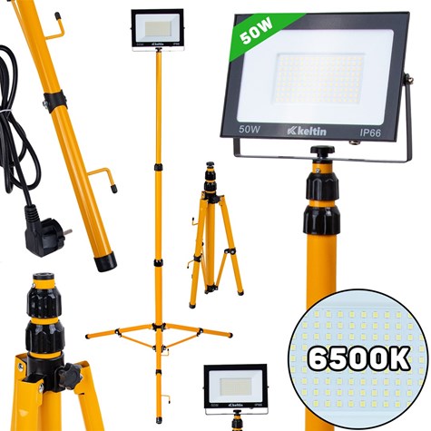 LED floodlight 50W with a telescopic construction tripod – cold white color 6500K