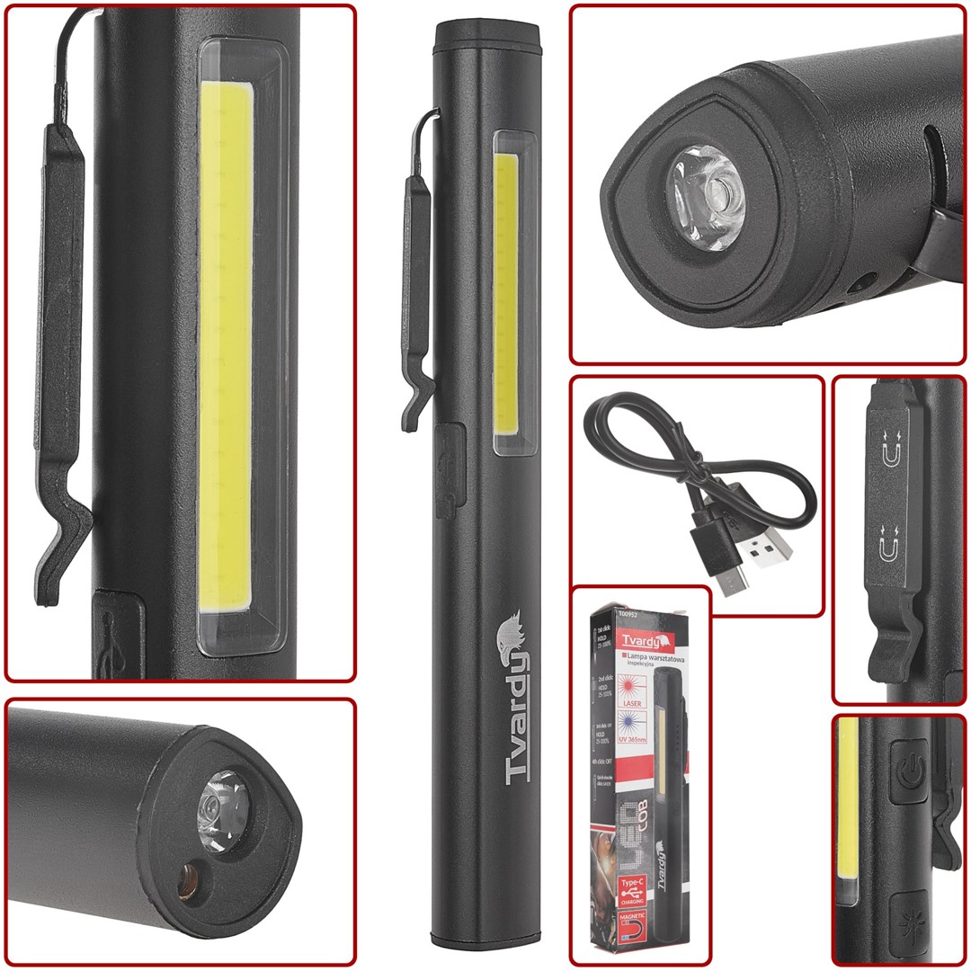 Lampa warsztatowa inspekcyjna z magnesem LED COB 5W + 3W UV laser 800mAh 400lm IP44 (100)