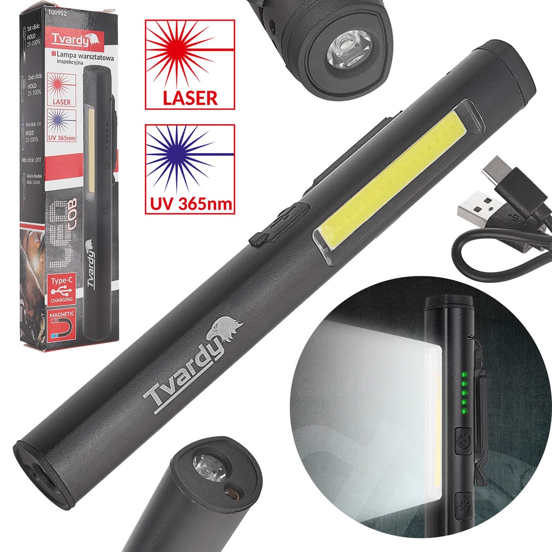 Dielenská inšpekčná lampa s magnetom LED COB 5W + 3W UV laser 800mAh 400lm IP44 (100)