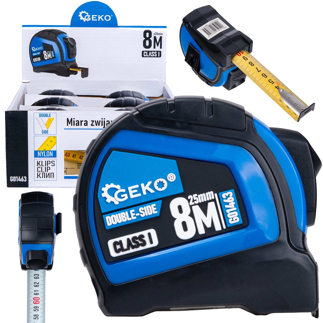 Miara zwijana nylon dwustronna z autostopem 8m/25mm KLASA I – kartonik wystawowy (6/60)