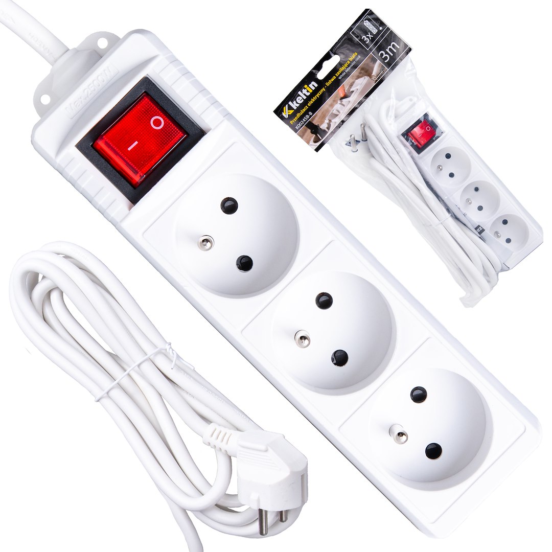 White extension cord with switch 3 sockets 3m