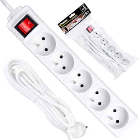 White extension cord with switch 5 sockets 5m
