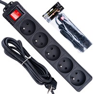 Black extension cord with switch 5 sockets 3m