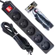 Black extension cord with switch 5 sockets 3m