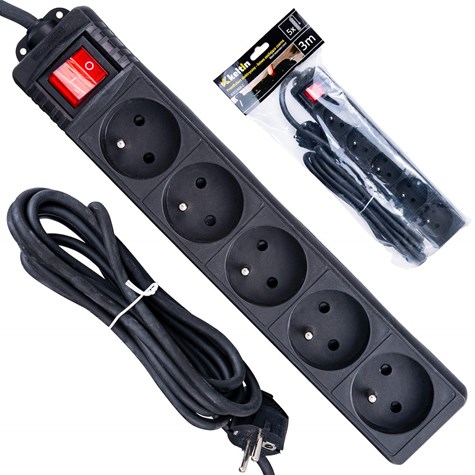 Black extension cord with switch 5 sockets 3m