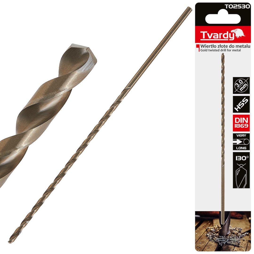 Long HSS DIN1869 3.0 x 150mm gold metal twist drill bit