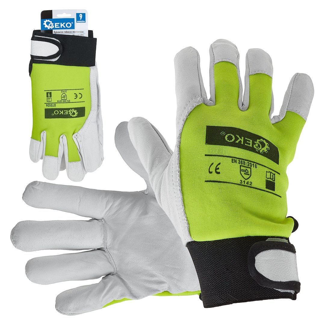 Goat leather yellow gloves, elastic cotton back, velcro cuff s.9