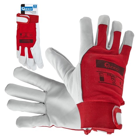 Goat leather red gloves, elastic cotton back, velcro cuff s.9