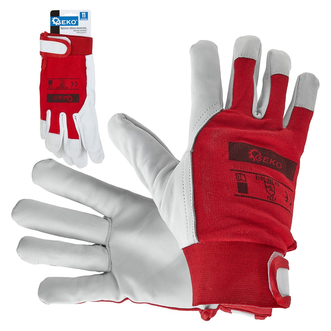 Goat leather red gloves, elastic cotton back, velcro cuff s.11