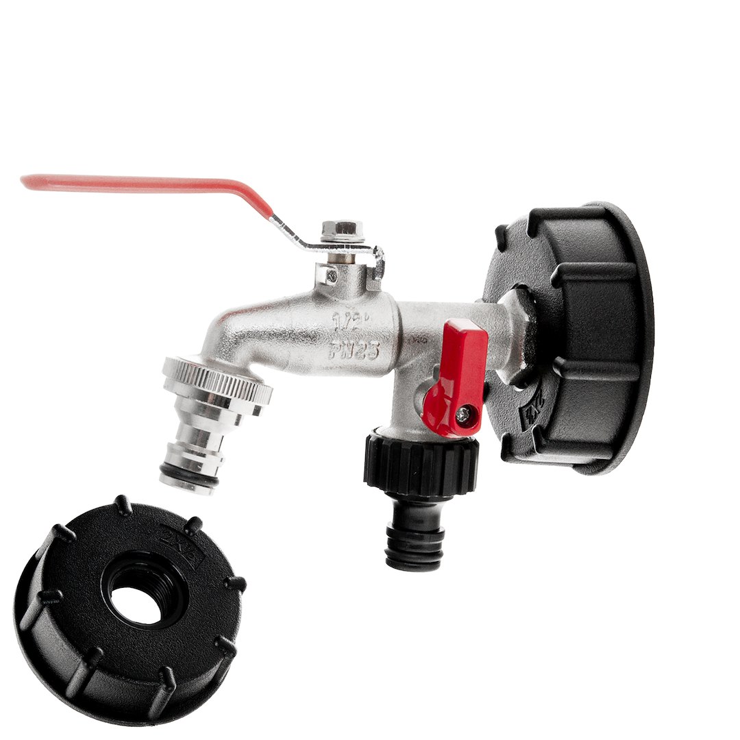 Zestaw – IBC nakrętka S60x6 + kran 1/2″ podwójny z wyjściami na GZ 3/4″ + dwa nyple do szybkozłączy – mauser (30)