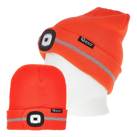 Rechargeable LED head light winter hat with reflective stripe (orange)