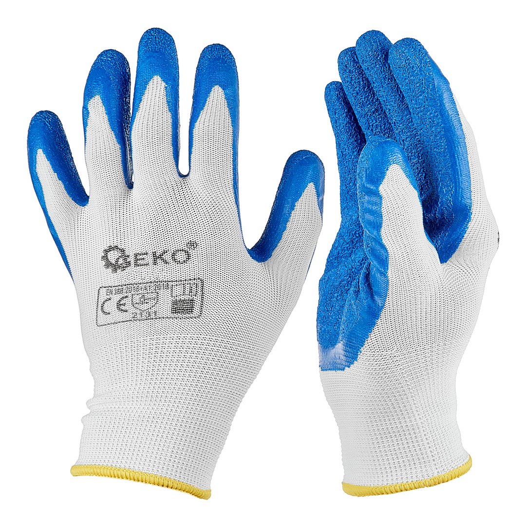 Rękawice ochronne poliestrowe r. 8 /latex biało-niebieskie/ (12/240)