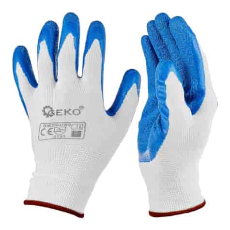 Rękawice ochronne poliestrowe r. 9 /latex biało-niebieskie/ (12/240)