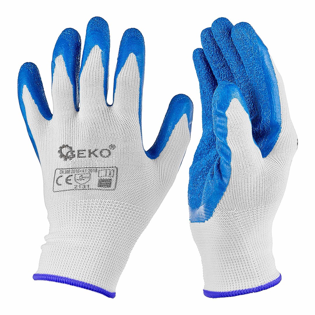 Rękawice ochronne poliestrowe r. 11 /latex biało-niebieskie/ (12/240)