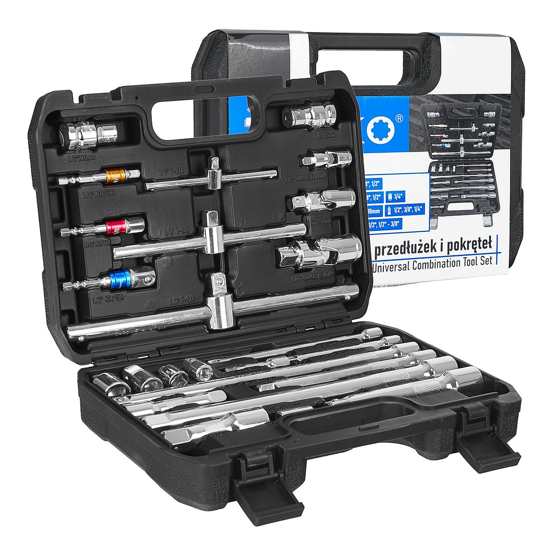 Zestaw przedłużek i pokręteł 25el. 1/4″ 3/8″ 1/2″ (5)