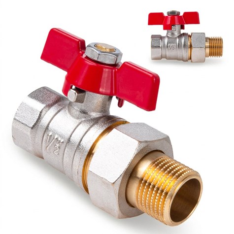 Zawór kulowy 1/2  DN15 z dławikiem i śrubunkiem – motylek (50)