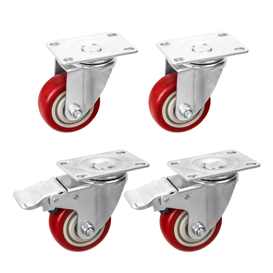 Set of 4 swivel caster wheels 75mm 100kg – 2 with brake and 2 without brake