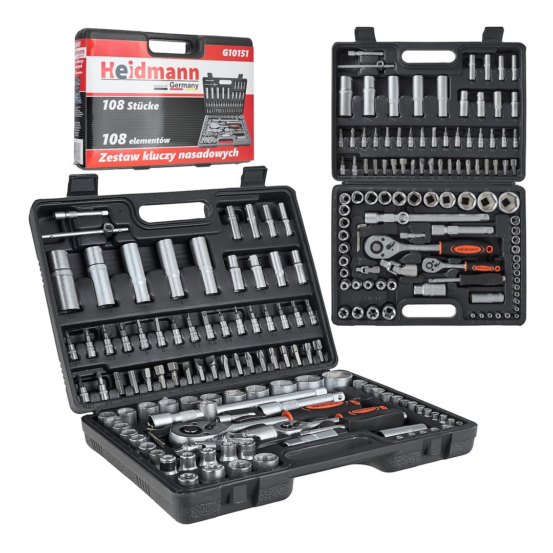 Rozetu Komplekts ar Ratovēm, Adapteriem un Paislidiem 1/2" un 1/4" Piedziņa 108 gab.