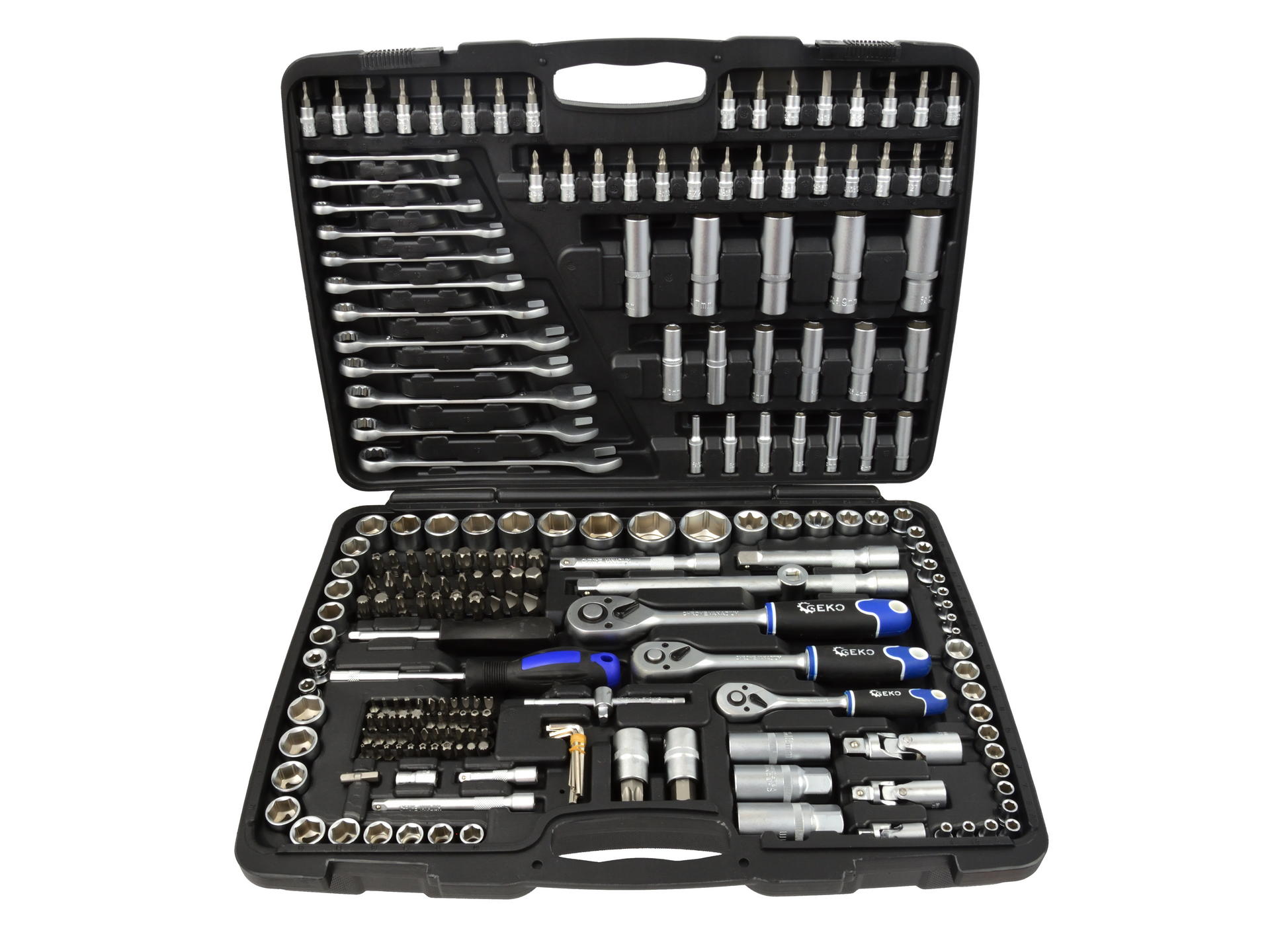 GEKO Mechanics Tools Set Polished CrV 216 pcs 1/4 , 3/8  & 1/4  Drive