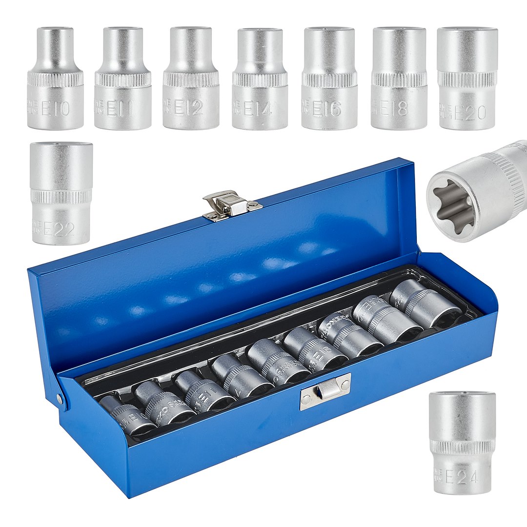 TORX Sprauslu komplekts E10-E24 CrV 1/2" piedziņa 9 gab. /metāla kaste/