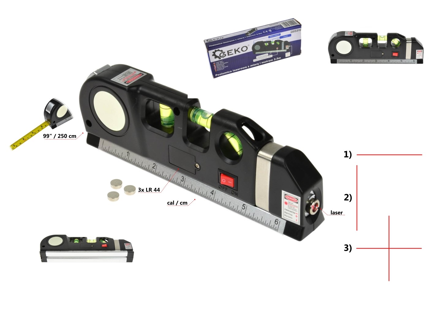 Poziomica laserowa z miarą i metrem 2,5m (50)