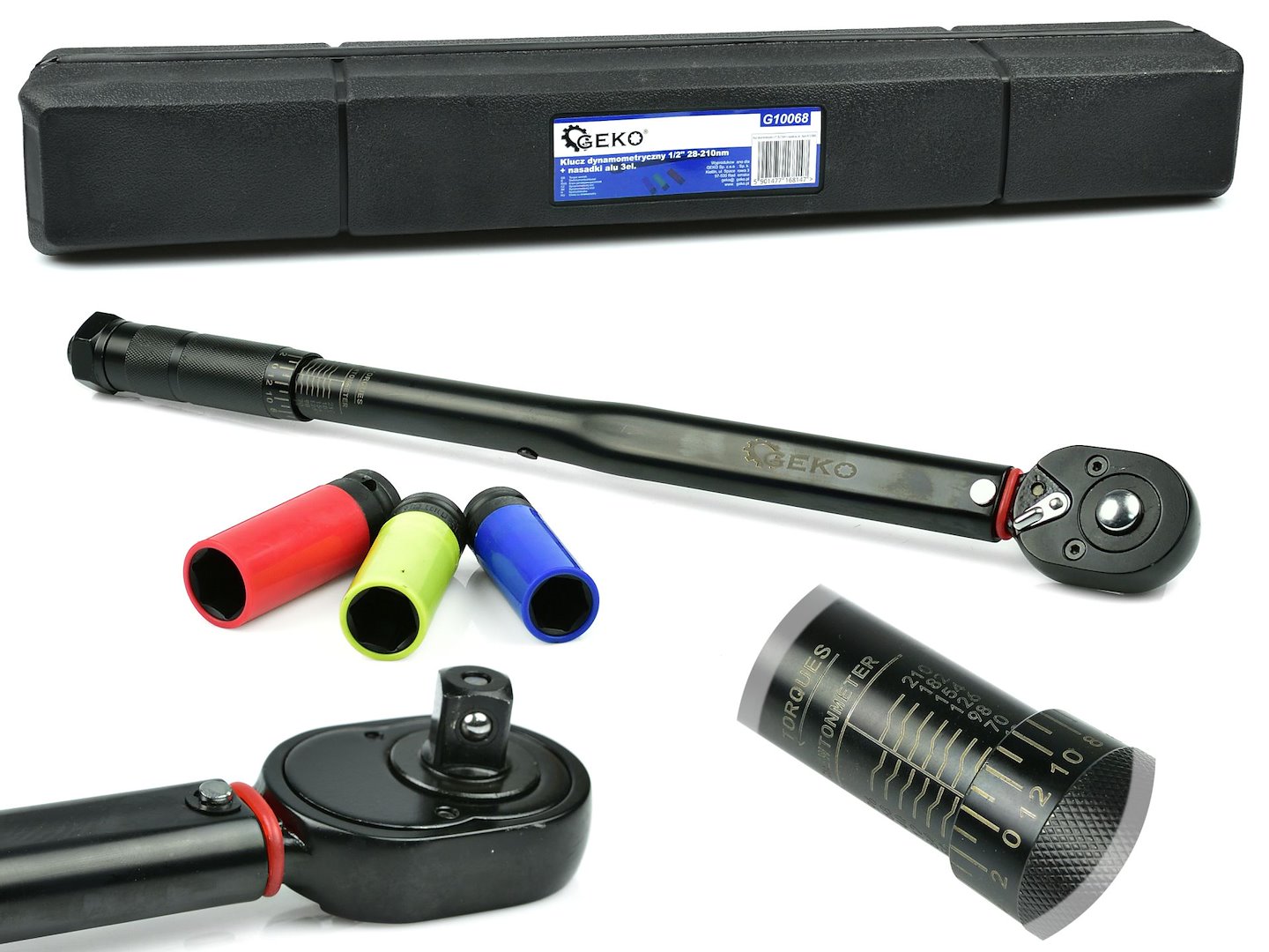 Momentový kľúč 1/2" 28-210nm + 3-dielne hliníkové objímky. Čierny HD (10)