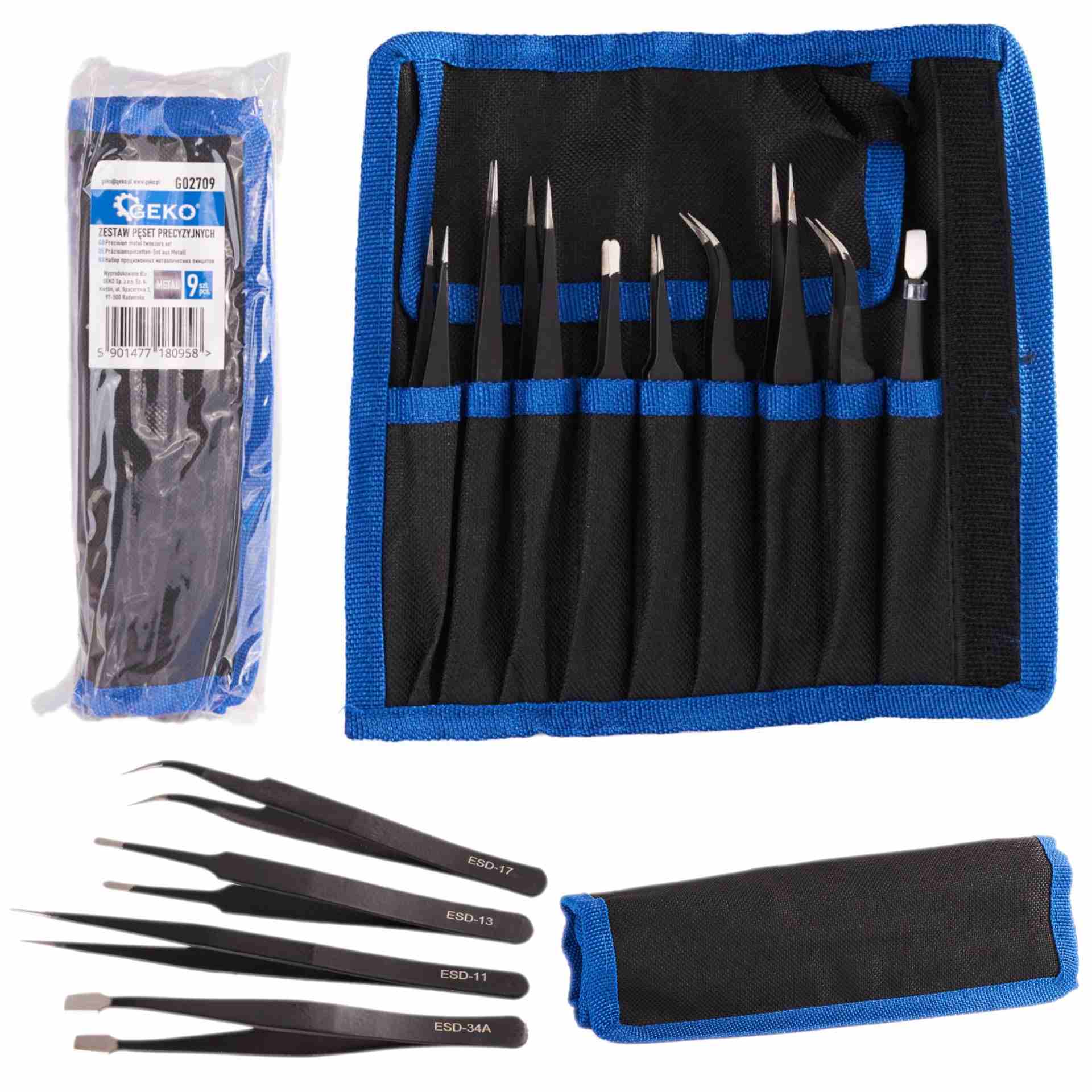 Precision metal tweezers set 9 pcs