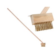 Wire brush with scraper for cobblestone paving, wooden handle